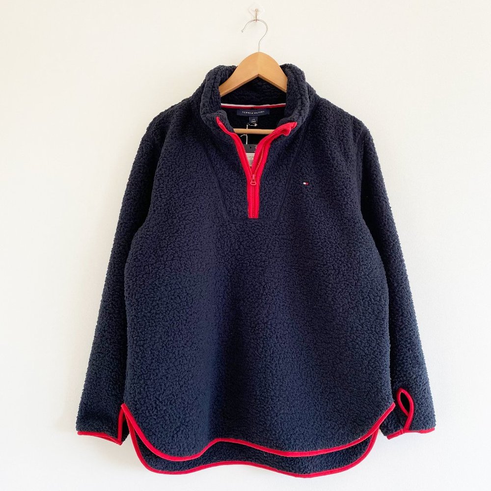 Tommy Hilfiger Sherpa Quarter-Zip Pullover Mock neck Sweater with Thumb holes, L - Picture 1 of 9